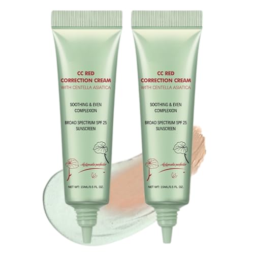 Image of 2Pcs CC Red Correct with Centella Asiatica,Colour Changing Foundation, Green Colour Corrector with SPF 25,Lightweight CC Cream Foundation for Uneven Tone, Pore Blurring Face Base 15ml