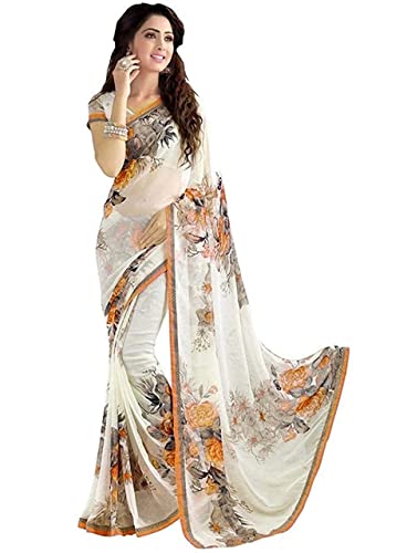 Sari indien georgette blanc et orange Aashita Creations 1137 avec haut floral