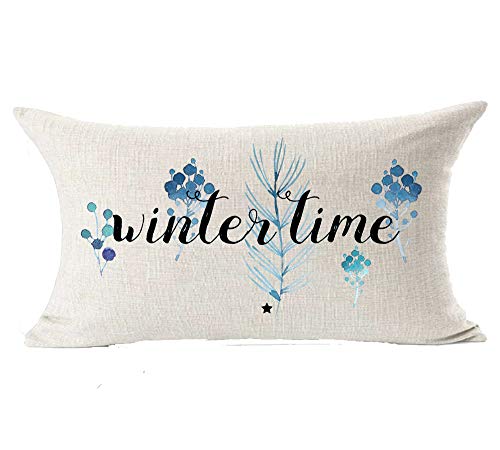 Bnitoam Set Of 2 Merry Christmas Happy New Year Blue Snowflake Pine Cotton Linen Lumbar Pillowcase Decorative Throw Pillow Cover Cushion Case For Bed Couch Office Family12X20 Inch #TOP2