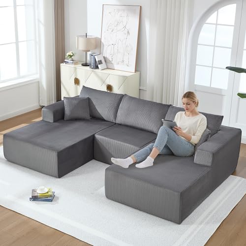 Modular Sectional Sofa,114" U-Shaped Boneless Sofa for Living Room,Oversized 3-Seater Deep Seat Cloud Couches,Corduroy Upholstered Corner Sofa Couch,No Assembly Required,Darkgrey