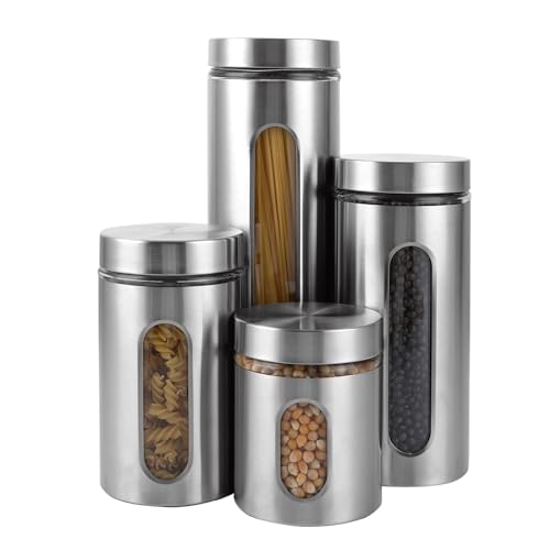 YAYODS Lot de 4 Boîte de Conservation Inox avec Fenêtre - Récipient de Rangement Hermétique 4 Tailles - Boîtier de Cuisine pour Café, Farine, Pâtes et...