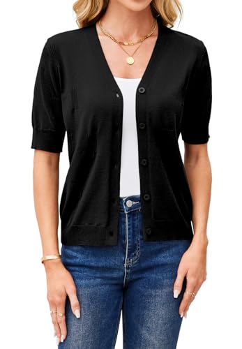 Yekaty Short Sleeve Cardigans for Women Lightweight Summer Sweaters Cropped V Neck Button Bolero Sweater2
