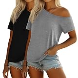 Riyiper 2 Pack Women's off the Shoulder Tops, Short Bat Wing Sleeve off Shoulder Shirts Casual Summer Loose Tunics Tee Blouse (Black, Light Gray,Large)