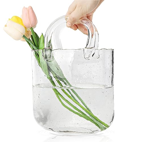 DBREAKS Jarrón de Cristal con Burbuja y Forma de Bolso - Vidrio Transparente con Pecera y Asas para Flores