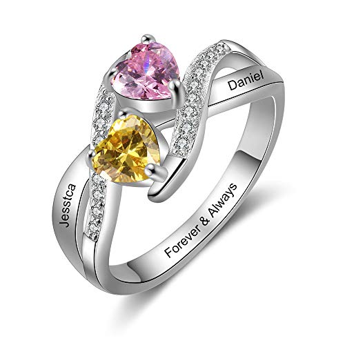 OPALSTOCK Personalized Promise Rings for Her with 2 Simulated Birthstones Engraved Name Ring for Couples Engagement Rings for Women (8)