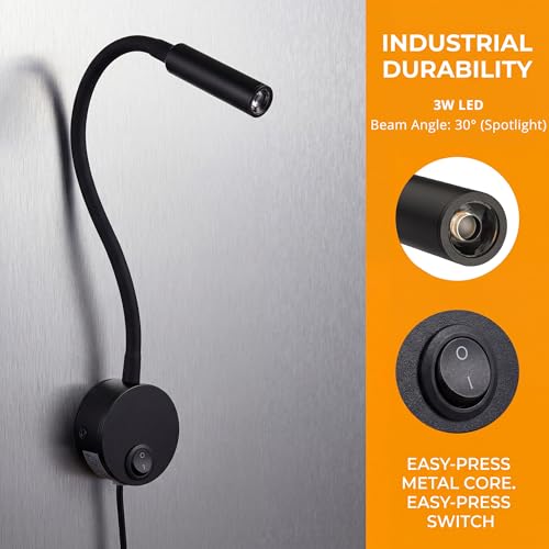 Image of 2-Pack Wall Mounted LED Reading Lamp Wide Voltage Focused 25 Spotlight for Marine Boat Yacht Interior Lighting Hotel Suite Hospital paitent Room Bedside Sconce 4.92ft Cord (Matte Black)