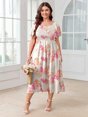 Image of SCOMCHIC Women's Plus Size Summer Dress Casual Short Sleeve Scoop Neck Maxi Dress Smocked Ruffle Boho Flowy Long Dresses