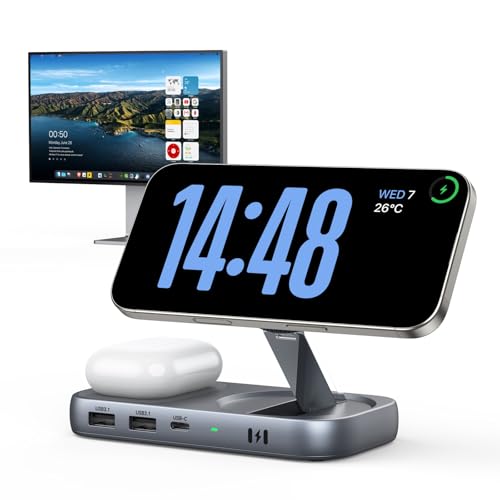 Selore USB C Hub with Wireless Charging for MacBook: 4K@60Hz HDMI, 100W PD, 15W Qi2 + 5W Wireless, 10Gbps Ports, iPhone Mirroring Docking Station & Magsafe Stand, Space-Saving Desk Organizer