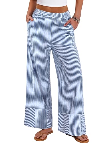 ANRABESS Womens Gingham Striped Boxer Pants Pajama Lounge PJ Bottoms Plaid Wide Leg Casual Cute Fall Trousers with Pockets Blue White Stripe Medium