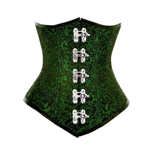 Corset serre-taille gothique brocart vert et noir avec crochets frontaux pour femme