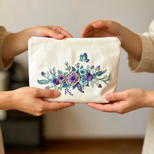Image of FONNUY Embroidery Kit Makeup Bag for Beginners, Flowers Pre-Stamped Pattern Handbag Coin Purses Making Kits for Adults with Hoop, Easy to Follow Color Thread Needlework (Blue)
