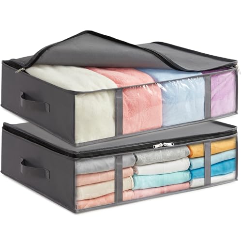Lifewit Bolsas de Almacenaje para Debajo de la Cama, Cajas para Guardar Ropa con Ventana Transparente Frontal, Organizadore Armario para Toallas, Mantas, Gris, 40 L, 2 Piezas