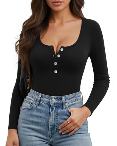 MANGOPOP Women's Henley Shirt Scoop Neck Button Down Ribbed Bodysuits Sleeveless Tank Tops Body Suit