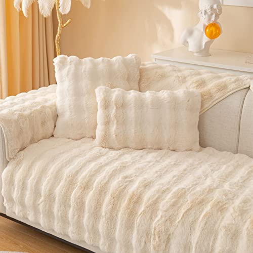Super Soft Faux Fur Plush Sofa Cover Winter Warm Furry Couch Cover Non Slip Shaggy Fuzzy Sectional Couch Cover Thick Nonslip Sofa Slipcover Furniture Protector For Kids, Dog, Cat ( Metal : Cream , Siz #TOP1