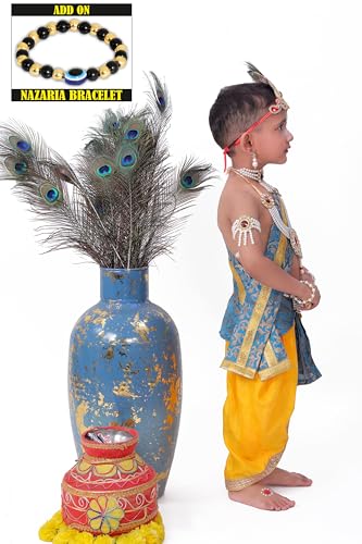 Image of Krishna Dress for Kids, Baby Krishna Dress for Janmashtami with Krishna Mukut, Peacock Feather & Flute Embroidered Krishna Costume for Girl & Boy, 3 Months-8 Years