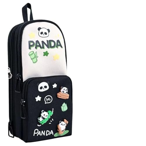 Image of Parshya Canvas Kawaii Pencil Case 3 Compartment Cute Pencil Case for Girls Large Capacity Pen Pencil Pouch Smooth Zipper Multifunctional Stationery Organizer for School Office (HT BW Panda), Black