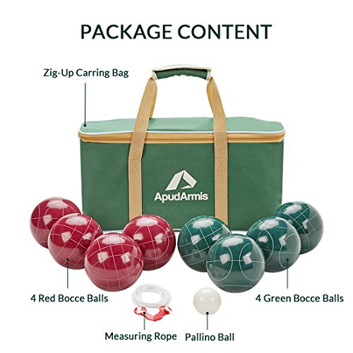 ApudArmis Bocce Balls Set, Regulation Size 100mm Bocce Game for Outdoor/Backyard/Lawn/Beach with 8 PCS 100% Resin Balls / 1 Pallino/Nylon Carrying Case/Measuring Rope (Red & Green)