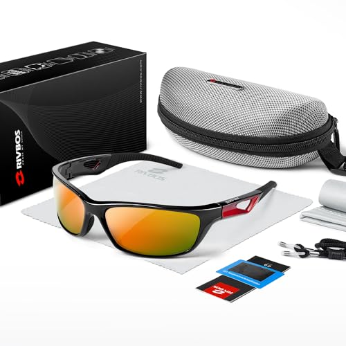 RIVBOS Polarized Sports Sunglasses Driving Sun Glasses Shades for Men Women Tr 90 Unbreakable Frame for Cycling Baseball Run Rb831 (Black&Red Mirror Lens), Large
