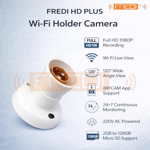 Image of FREDI HD PLUS WiFi Bulb Holder Camera 1080P, Indoor Security Camera with V720 App, Wide Angle View, Live Streaming on Mobile & Laptop, AC 220V Powered, Supports 128GB SD Card