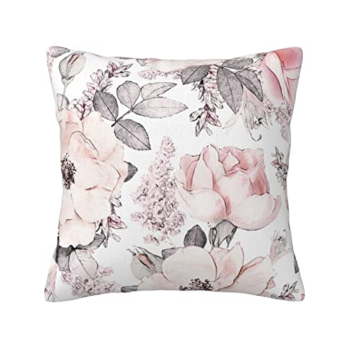 Janleap Throw Pillow Cover Pink Flowers Grey Leaves Decorative Pillows Case Watercolor Florals Rose Throw Pillowcase Cushion Cover for Home Couch Bed Sofa Decor, 18x18 inch
