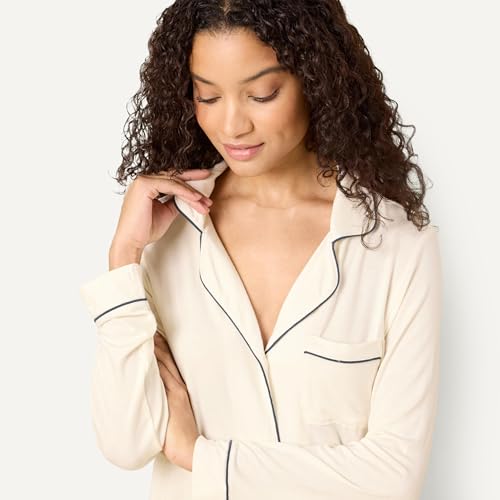 Image of Amazon Essentials x Sofia Grainge Women's Stretch Modal Long-Sleeve Button-Front Top and Full-Length Bottom Pajama Set