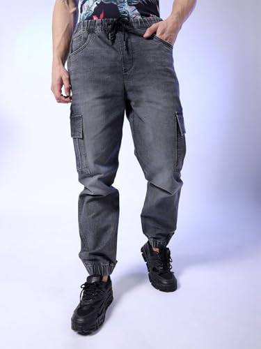 Image of The Indian Garage Co Men Regular Fit Solid Mid-Rise Stretchable Denim Cargo Joggers