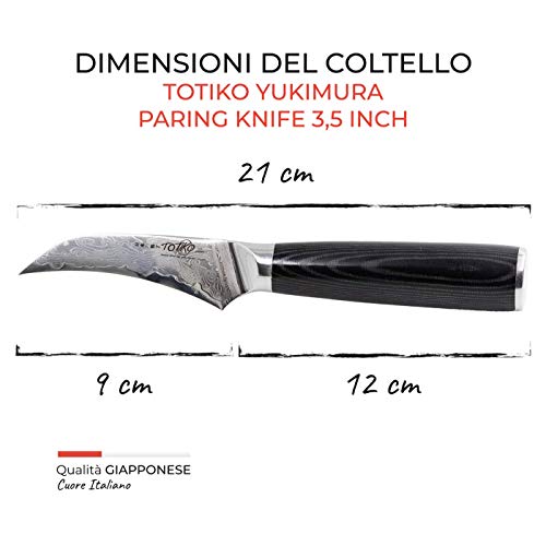 Spelucchino Professionale in Acciaio Damasco, Coltello da Cucina Professionale Giapponese, Coltello per Intaglio Frutta, Lama da 9cm, Manico in Resina Micarta - Yukimura Japan Knives - immagine 4