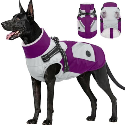 FUAMEY Dog Winter Jackets for Large Dogs,Dog Coat with Harness Built in,Waterproof Dogs Snowsuits Warm Pet Jacket Zip Up Fleece Cold Weather Coats Reflective Puppy Vest with Pocket Purple 2X