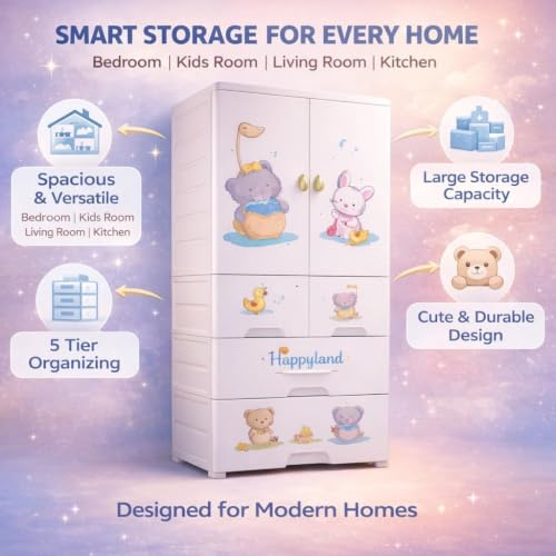 Image of EXVITO Plastic Wardrobe for Cloth with Drawers & Hanging Rod | Baby Cupboard for Clothes Storage | Foldable Collapsible Plastic Almirah for Kids | Cartoon Design Cabinet for Bedroom (White, 3 Door)