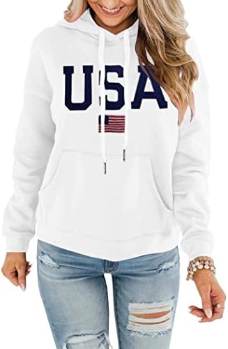REVETRO Women's Plus Sized Hoodie America Flag USA Graphic Print Fall Sweatshirt with Pockets and Drawstring White X-Large