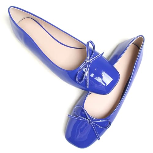 Dear Time Women's Ballet Flats Bowknot Patent Leather Dressy Flats Shoes Royal Blue Size 8.5