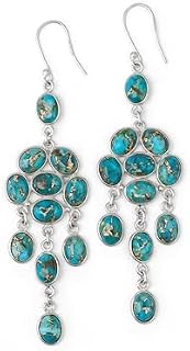 YoTreasure 6x8MM Blue Copper Turquoise 925 Sterling Silver Long Chandelier Earrings Birthstone Jewellery