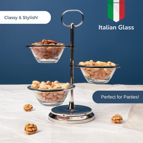 Rigeli Regent Stainless Steel 3-Stage Snack Stand With Glass Bowls 3 Round Serving Bowls Set With 3-Tier Metal Display Stand - Great For Serving Bowls For Candy, Nuts, Fruit, Veggies, Side Dishes #TOP1