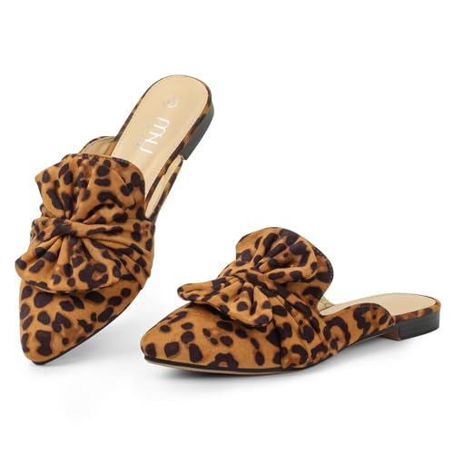 MUSSHOE All-Season Women's Mules:Pointed Toe Backless Loafers:Comfortable Slip-on Dressy Casual Office Business Flat Shoes for Working Women Aged 25-45, Leopard Suede 9.5