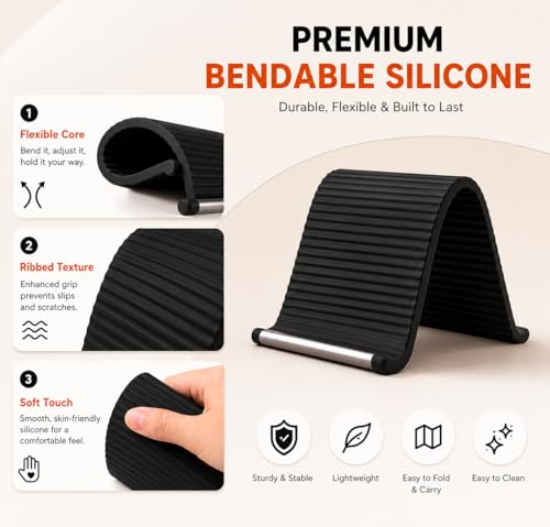 Image of HOUSELY Flexible Silicone Aluminum Phone Stand Foldable Adjustable Mobile Holder Anti Slip Desk Mount Portable Bendable Tablet Support Laptop Stand for Table Travel Office Home - Black