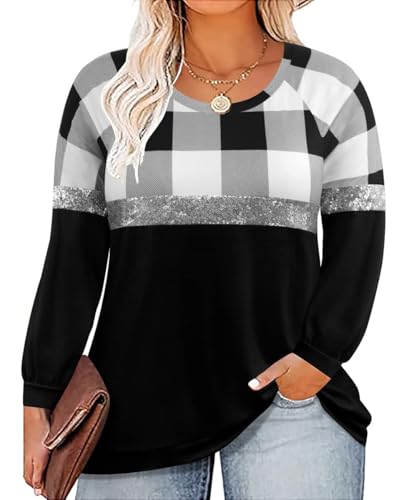 Image of TIYOMI Plus Size Tops for Women Raglan Long Sleeve V Neck T Shirts Casual Color Block Leopard /Floral Tops Winter Tee Shirt
