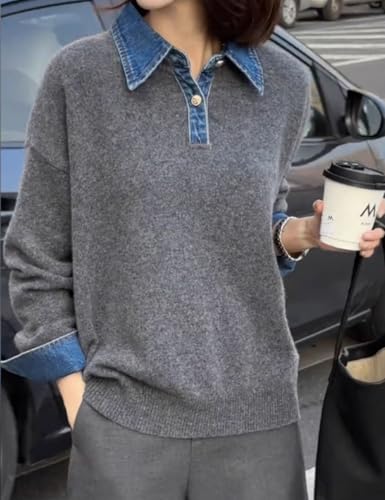 Image of Womens Denim Lapel Sweater Oversized Long Sleeve Button Down Polo Knit Pullover Sweaters 2025 Fall Outfits