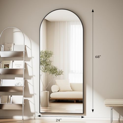 GLSLAND Arched Full Length Mirror - 68" x 24" Floor Mirrors Aluminum Alloy Frame Full Body Mirror for Cloak Room, Bedroom, Living Room,Black