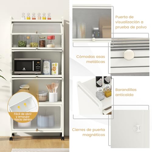 Miniatura 3 de Costway Estantería De Cocina Con Puertas De 5 Niveles, Estante De Microondas Móvil, Armario De Almacenamiento De Cocina Independiente Con Ruedas Giratorias, Para Sala De Estar Y Estudio Blanco