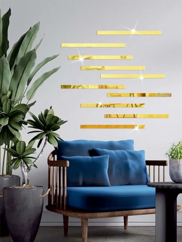 Image of Bikri Kendra - Strip Designed Rectangle Shape Mirror Stickers for Wall, Acrylic Mirror Wall Decor Sticker, Wall Mirror Stickers, Wall Stickers for Hall Room (Gold Strip, 30)