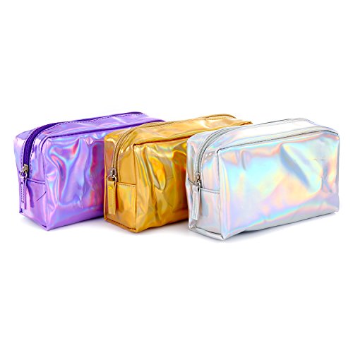 Pu Leather Holographic Makeup Pouch Cosmetic Bag Waterproof Toiletries Organizer Pen Bag For Women And Girls (Purple) #TOP1