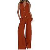  QIUhhpuy Tailleur Femme Ensemble 2 PièCes Gilet Et Pantalon pour Femme avec Col en V sans Manches en Coton Et Lin à Jambe Large Costume D\'éTé Assorti Ensemble d\'affaires Tailleur Blazer d\'été Assort