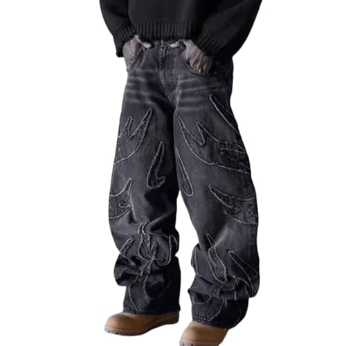 FEUSEUZ Y2K Men's Street Retro Hip-hop Flame Splicing Wide Leg