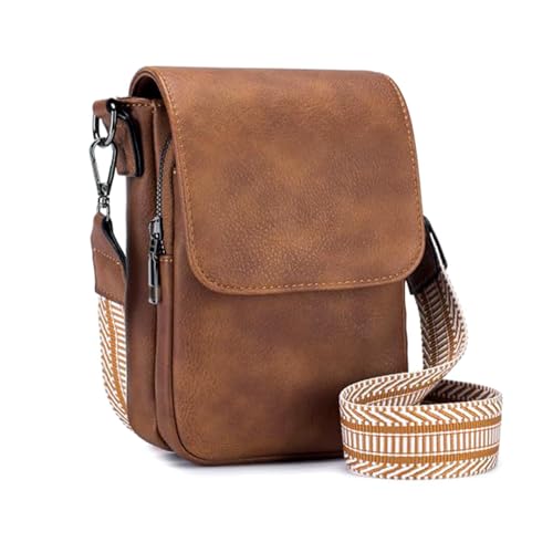 Bolsa tiracolo pequena para mulheres, de couro, com compartimento triplo, para celular, com compartimentos para cartões, marrom