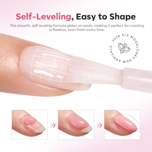 Image of modelones Builder Nail Gel, Peachy Nude Builder for Nails, Translucent Pink Color Rubber Base Gel Polish for Natural Overlay, Apex Building, Short Extension, Self-Leveling Beginner U V /LED Cured