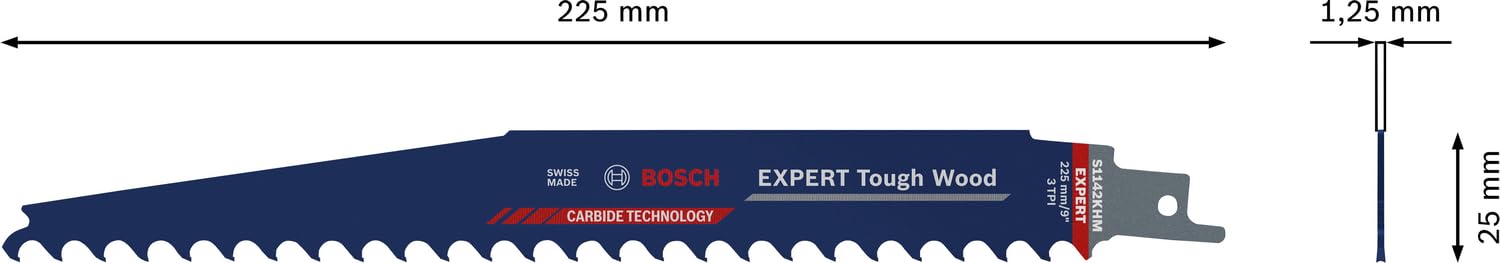 Bosch Professional 1x Hoja de sierra sable Expert `Tough Wood` S 1142 KHM (para Madera tratada a presión, Madera de construcción, Longitud 225 mm, accesorios Sierra sable)