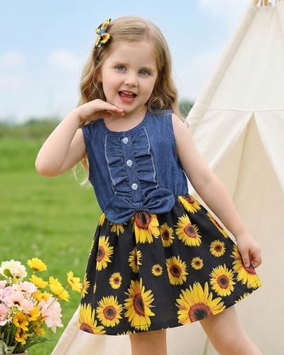 Kucnuzki Toddler Girl Outfits Baby Sunflower Princess Dresses Denim Summer Sleeveless Clothes Jean Tutu Skirts for Girls - Image 3