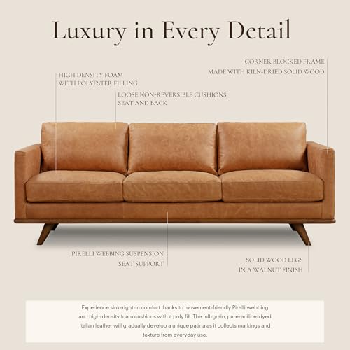 Image of POLY & BARK Nolita 85 inch Leather Sofa - Full-Grain Italian Aniline Leather, Feather-Down Comfort, Solid Wood Base - Cognac Tan