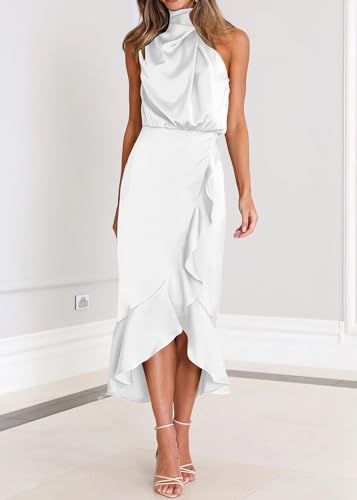 Image of KIRUNDO Women's Summer Satin Mock Neck Wedding Guest Dress