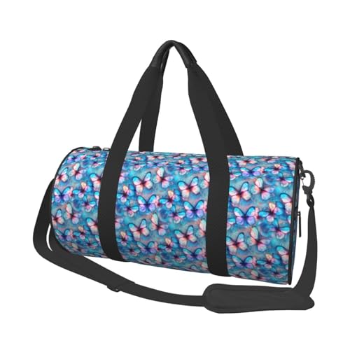 Blue and Pink Butterfly Travel Duffel Bag Shoes Compartment Foldable Lightweight Yoga Gym Sports Bag